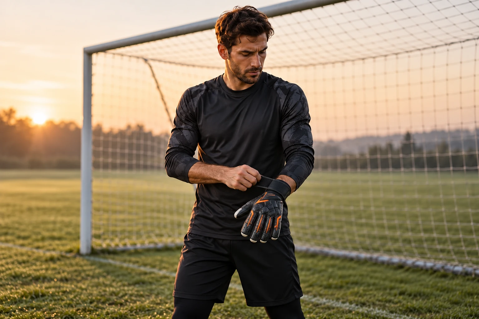 A goalkeeper preparing for play in orange-accented gloves